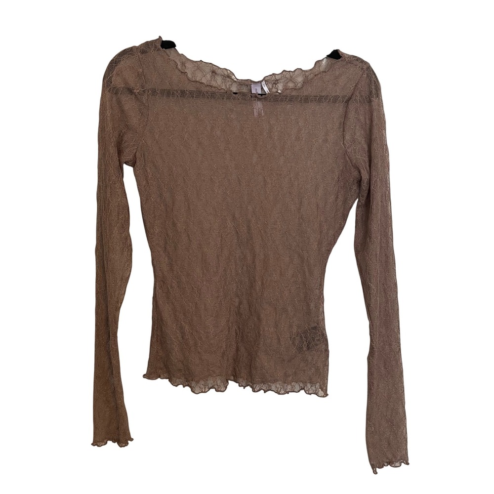 Out From Under Brown Floral Lace Sheer Long Sleeve Scoop Neck Top Medium